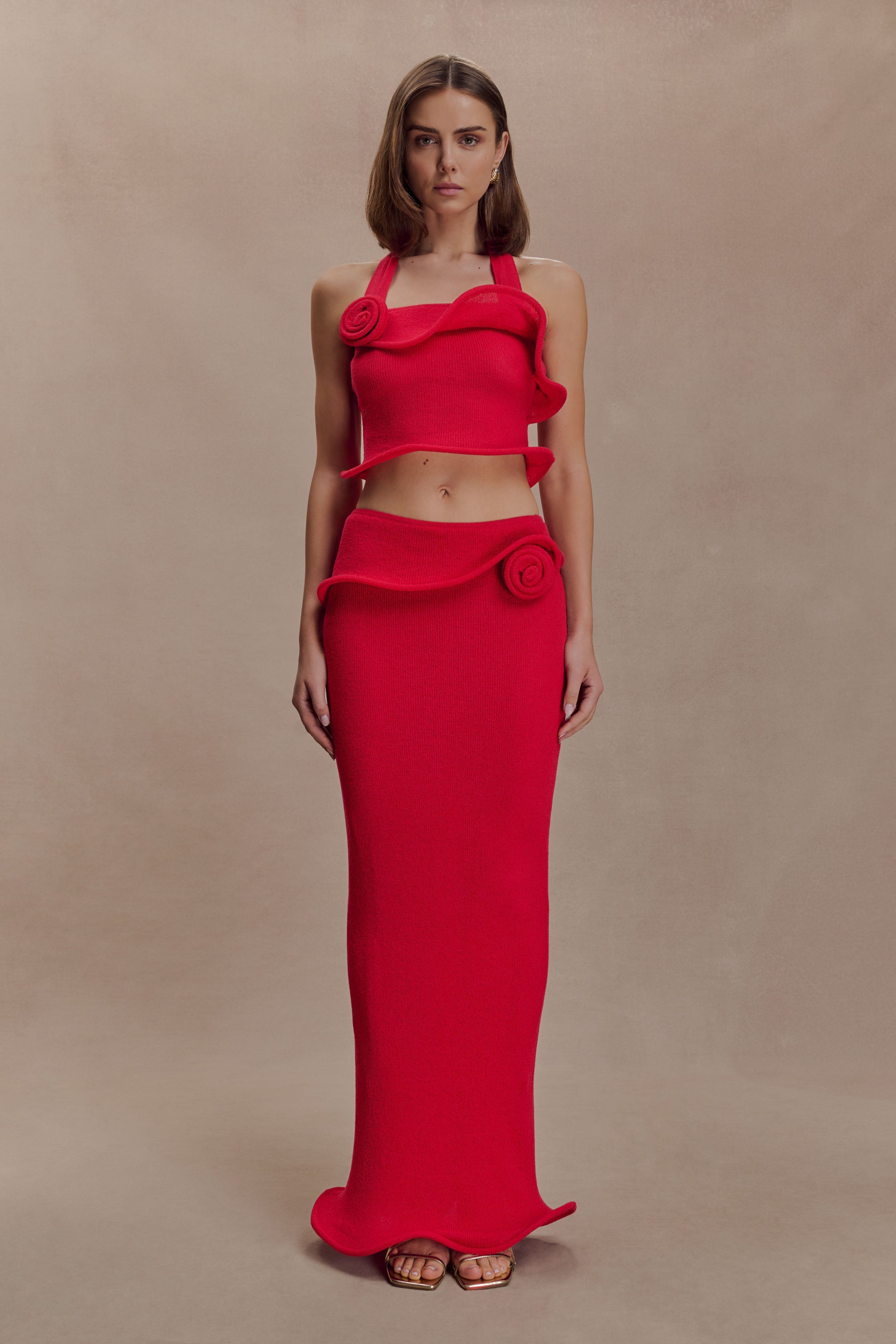 Samira Halter Knit Twist Top - Red